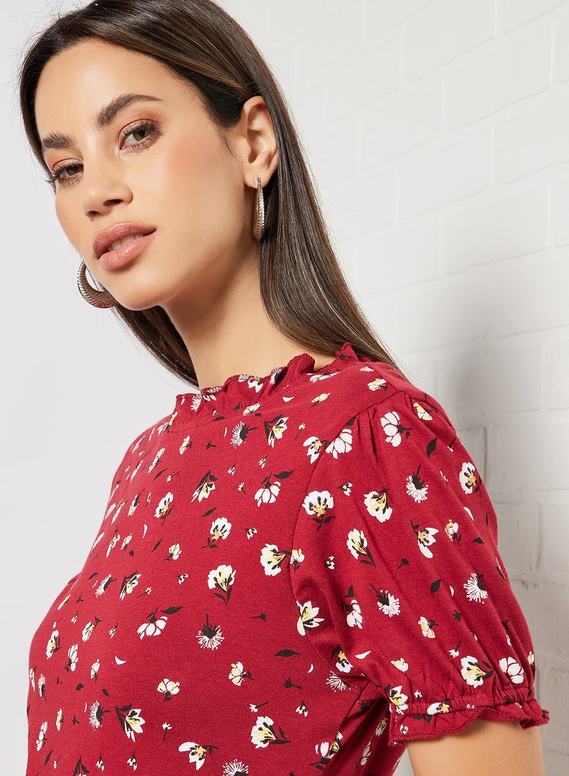 Mast & Harbour - Floral Printed Puff Sleeve Casual Bodysuit Rio red - Image 1