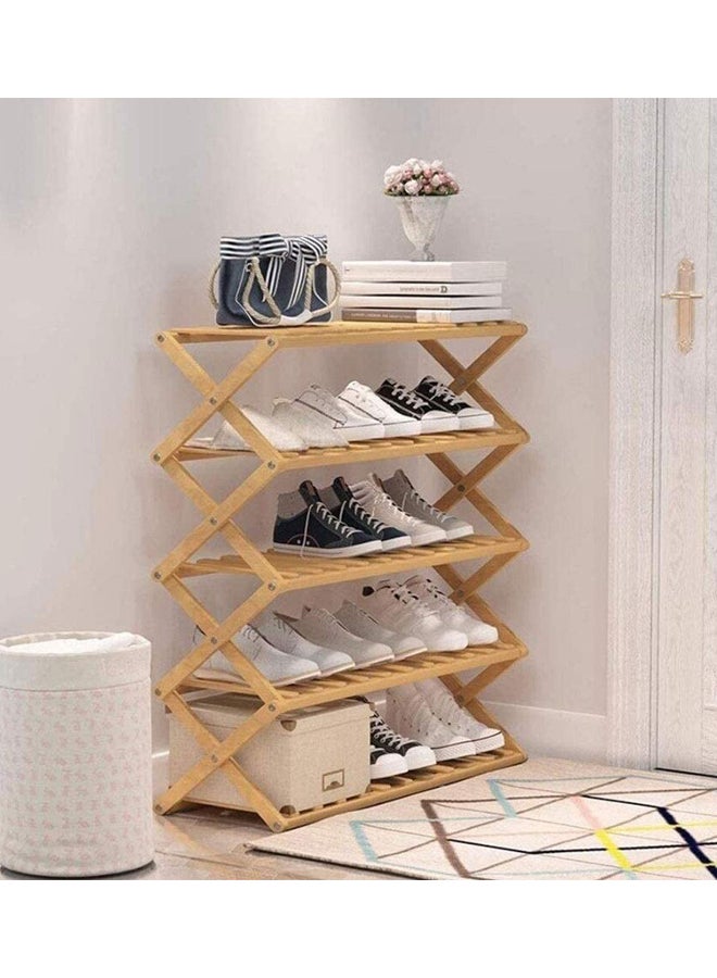 SKY-TOUCH - 5-Tier Folding Bamboo Shoe Rack 15 Pair Of Shoe Yellow 70x28x80cm - Image 1