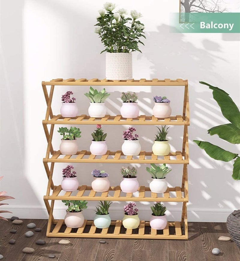 SKY-TOUCH - 5-Tier Folding Bamboo Shoe Rack 15 Pair Of Shoe Yellow 70x28x80cm - Image 1