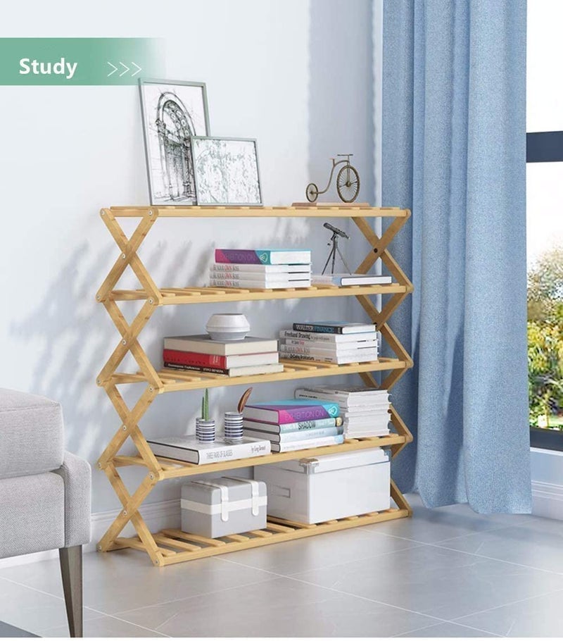 SKY-TOUCH - 5-Tier Folding Bamboo Shoe Rack 15 Pair Of Shoe Yellow 70x28x80cm - Image 1