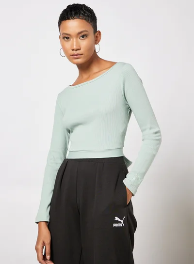 PUMA Classics Ribbed Open Back Crop Top Green