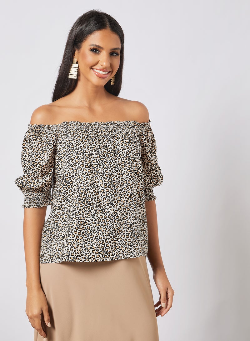 Aila Printed Casual Smocked Half Sleeves Blouse Leopard  - Image 1