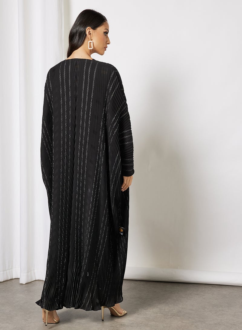 Bousni - Self Printed Pleated Abaya Black - Image 1