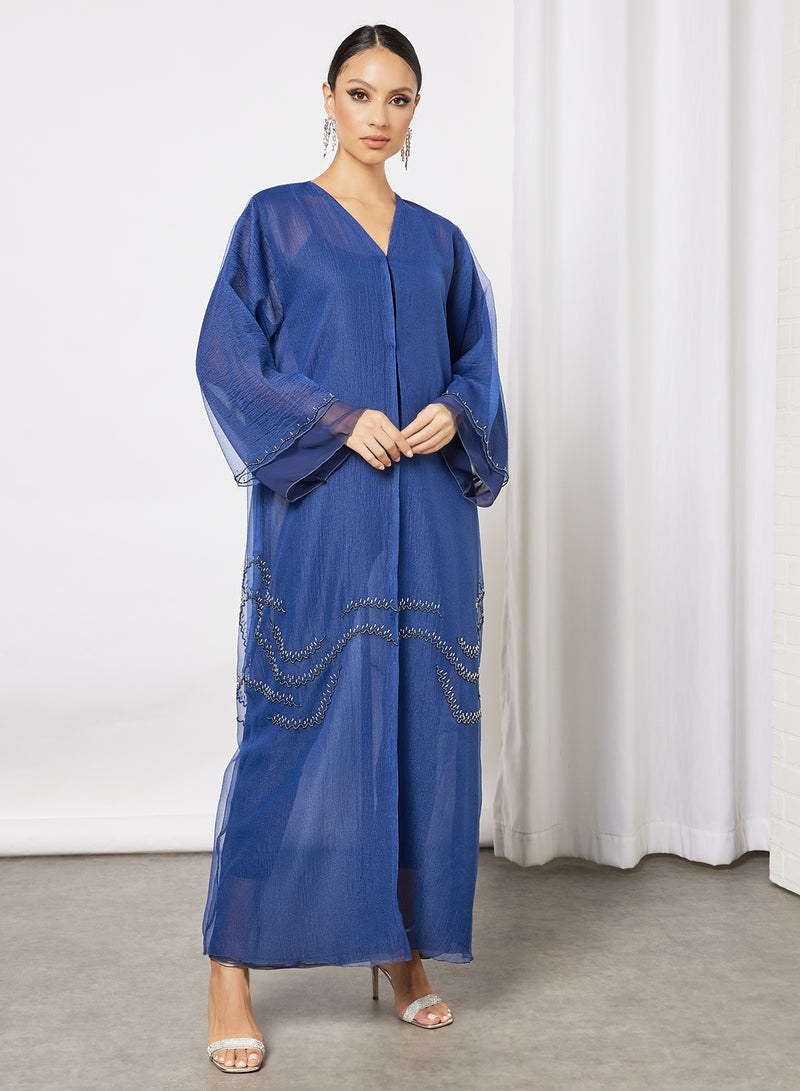 Bousni Beads Embellished Abaya Blue  - Image 1