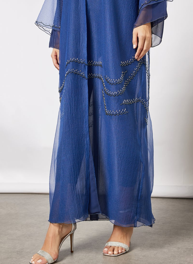 Bousni Beads Embellished Abaya Blue  - Image 3