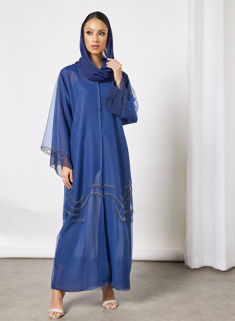 Bousni Beads Embellished Abaya Blue  - Image 4