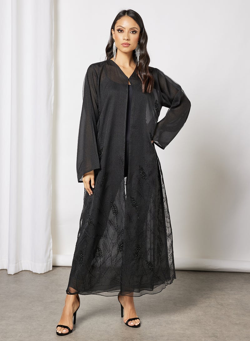 Bousni Beads Embellished Abaya Black  - Image 1