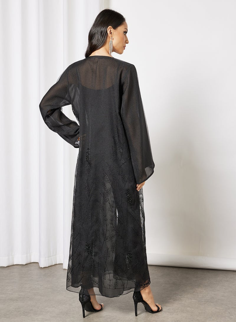 Bousni Beads Embellished Abaya Black  - Image 2