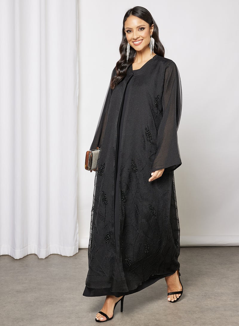 Bousni Beads Embellished Abaya Black  - Image 4