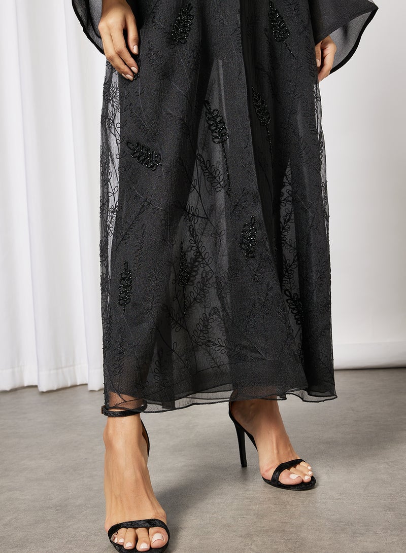 Bousni Beads Embellished Abaya Black  - Image 3