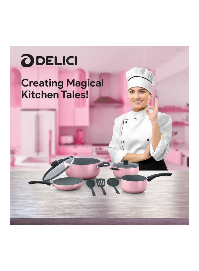 ديليتشي طقم أدوات طهي من الألومنيوم المطلي بالجرانيت مكون من 9 قطع وردي/رمادي - Image 3