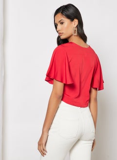 Aila Stylish v - neck half sleeves crop top with tie knot red  - Image 2
