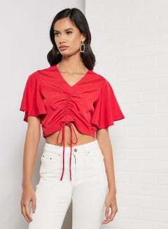 Aila Stylish v - neck half sleeves crop top with tie knot red  - Image 1