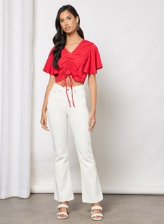 Aila Stylish v - neck half sleeves crop top with tie knot red  - Image 4