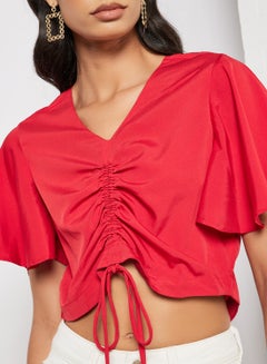 Aila Stylish v - neck half sleeves crop top with tie knot red  - Image 3