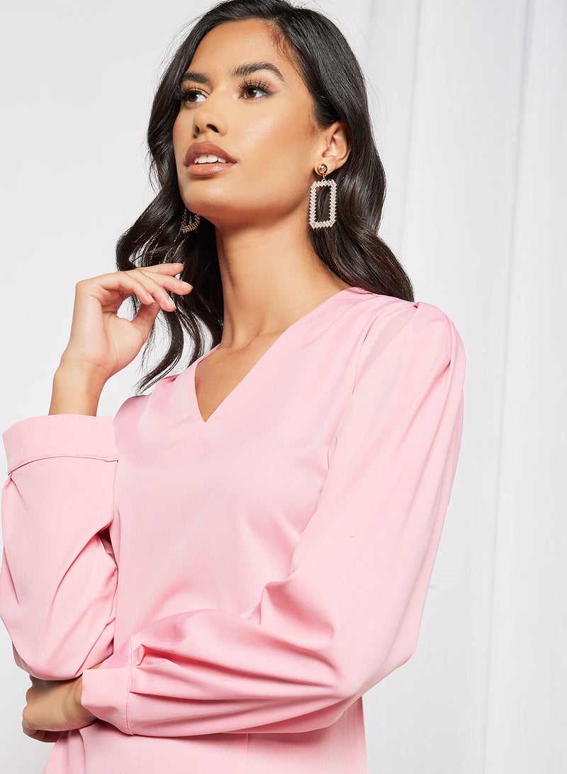 Aila - V-Neck Puff Sleeve One Piece Dress Light Pink - Image 1