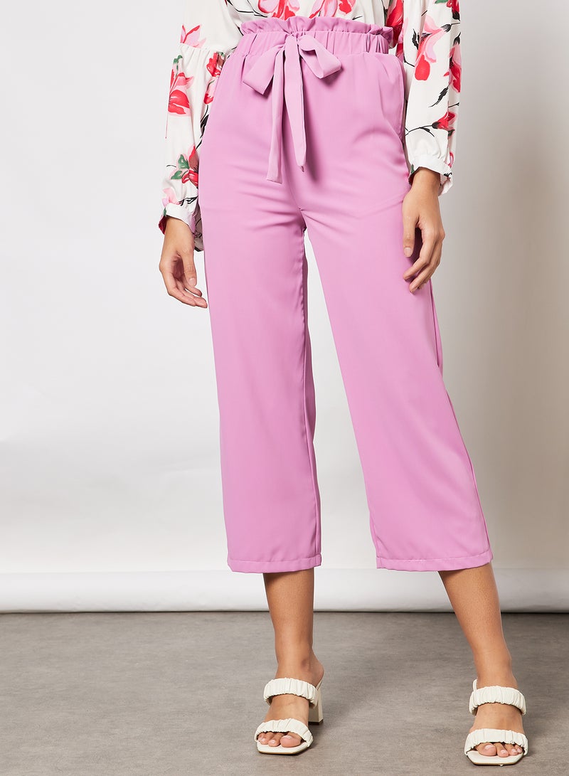 Aila Women Paper Bag Elastic Waistband Bowknot Belted Pants Purple  - Image 1