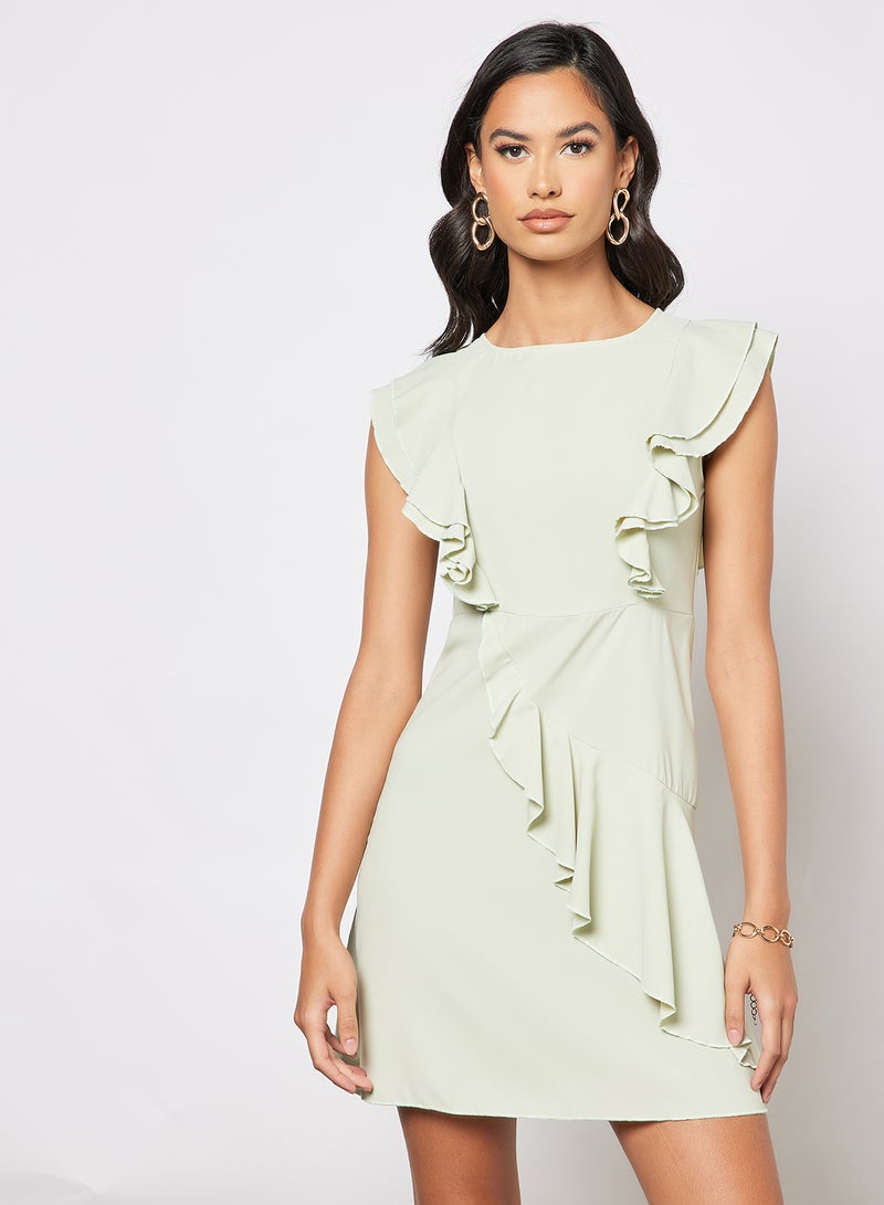 Aila Casual Boat Neck Flared Cap Sleeve Midi Dress With Ruffle 82 Light Green - Image 1