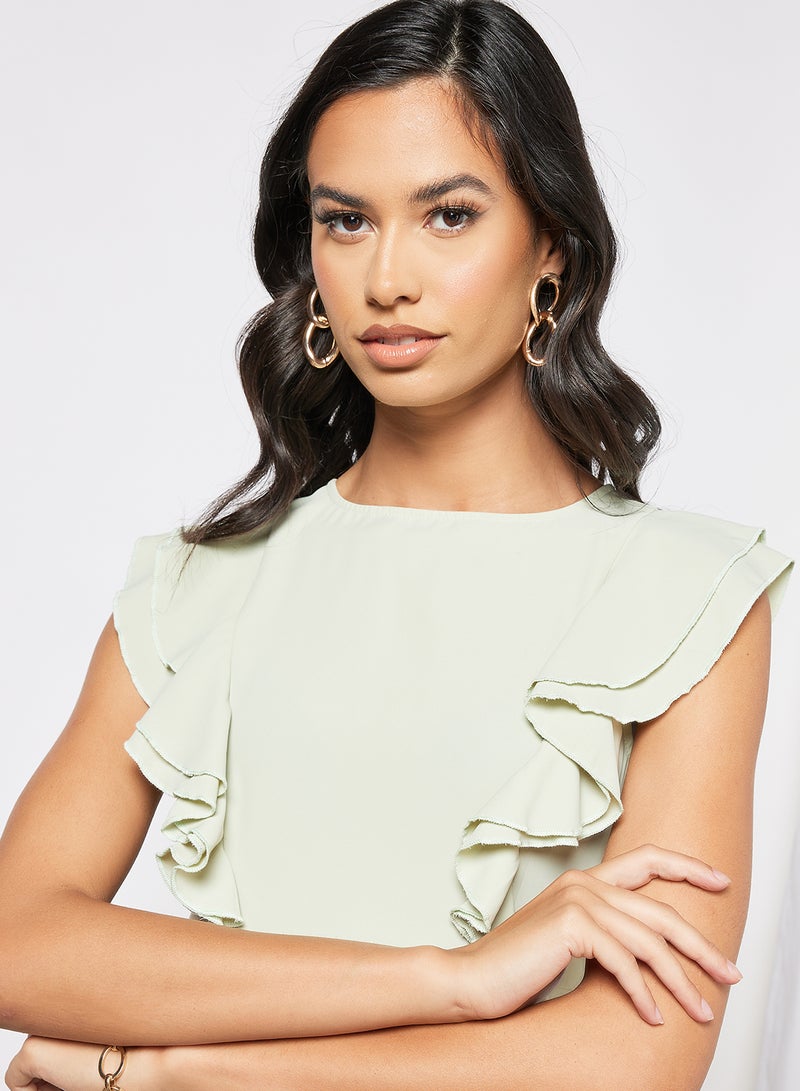 Aila Casual Boat Neck Flared Cap Sleeve Midi Dress With Ruffle 82 Light Green - Image 3