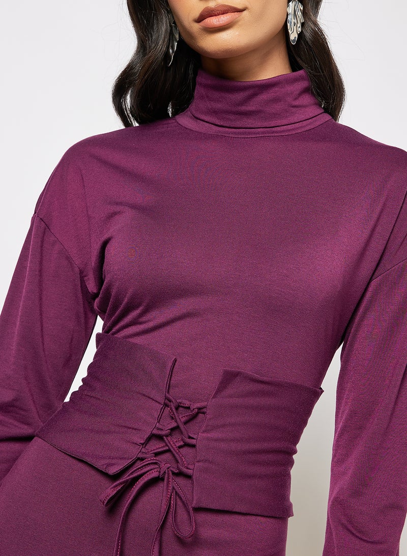 Aila High Neck Front Waist Ruched Drawstring Dress Dark Purple  - Image 3