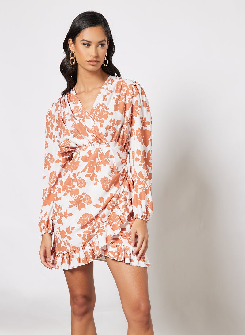Aila Casual Cross V-Neck Long Sleeve Ruffle Hem Mini Dress Printed Patteren 4 Orange Print  - Image 1