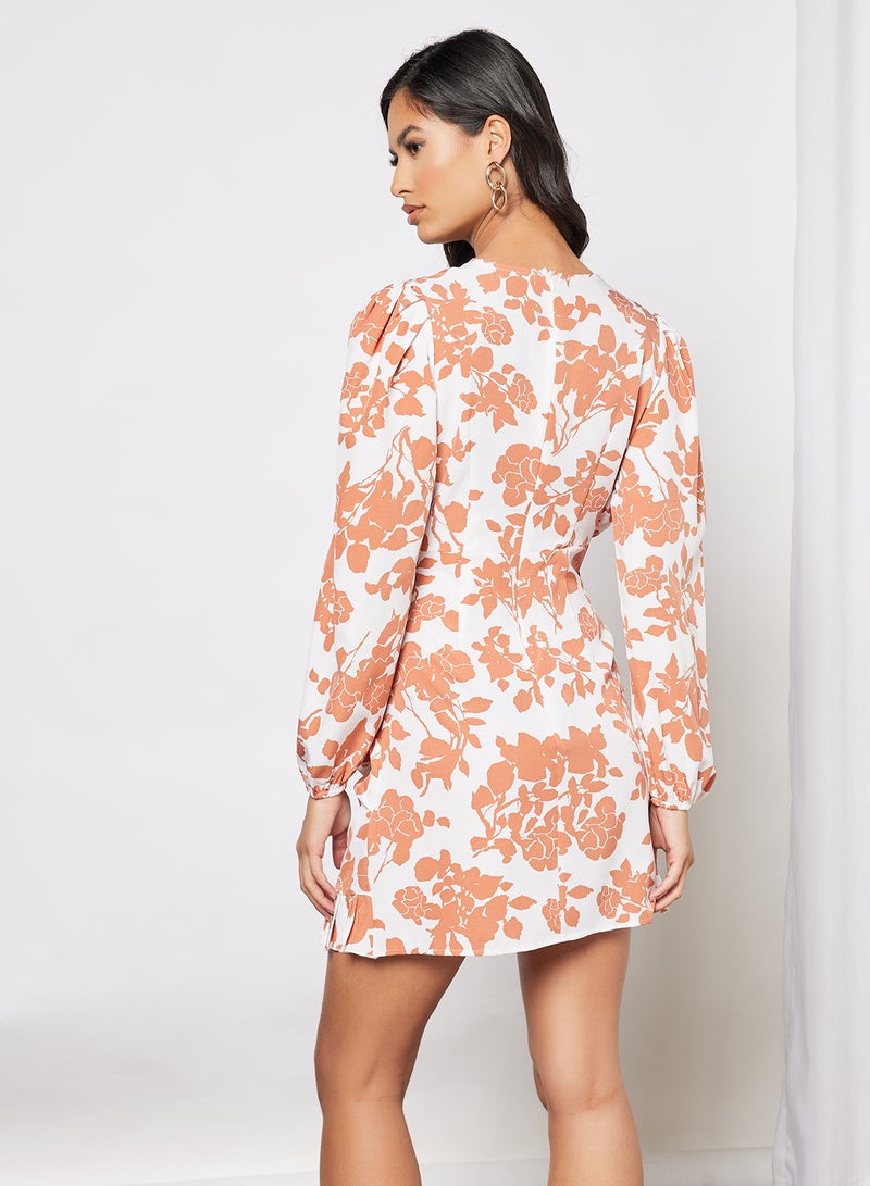 Aila Casual Cross V-Neck Long Sleeve Ruffle Hem Mini Dress Printed Patteren 4 Orange Print  - Image 2
