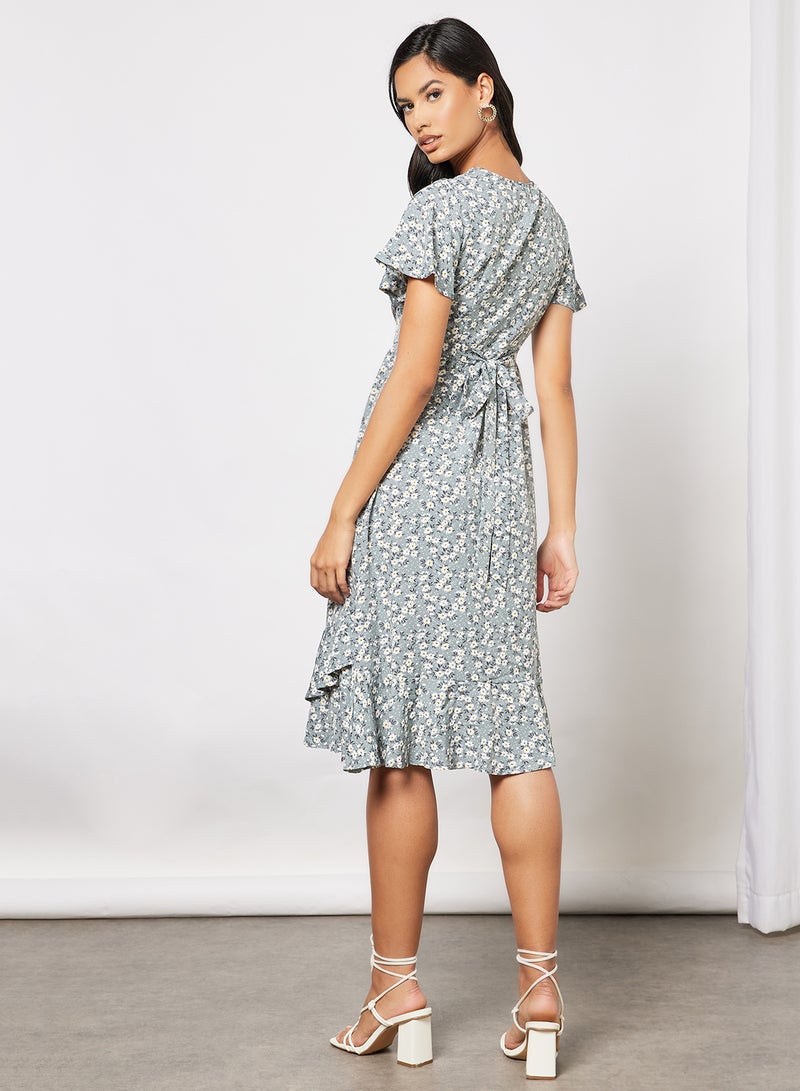 Aila - Casual V-Neck Bell Sleeve Printed Ruffle Hem Knee Length Wrap Dress Grey Print - Image 1