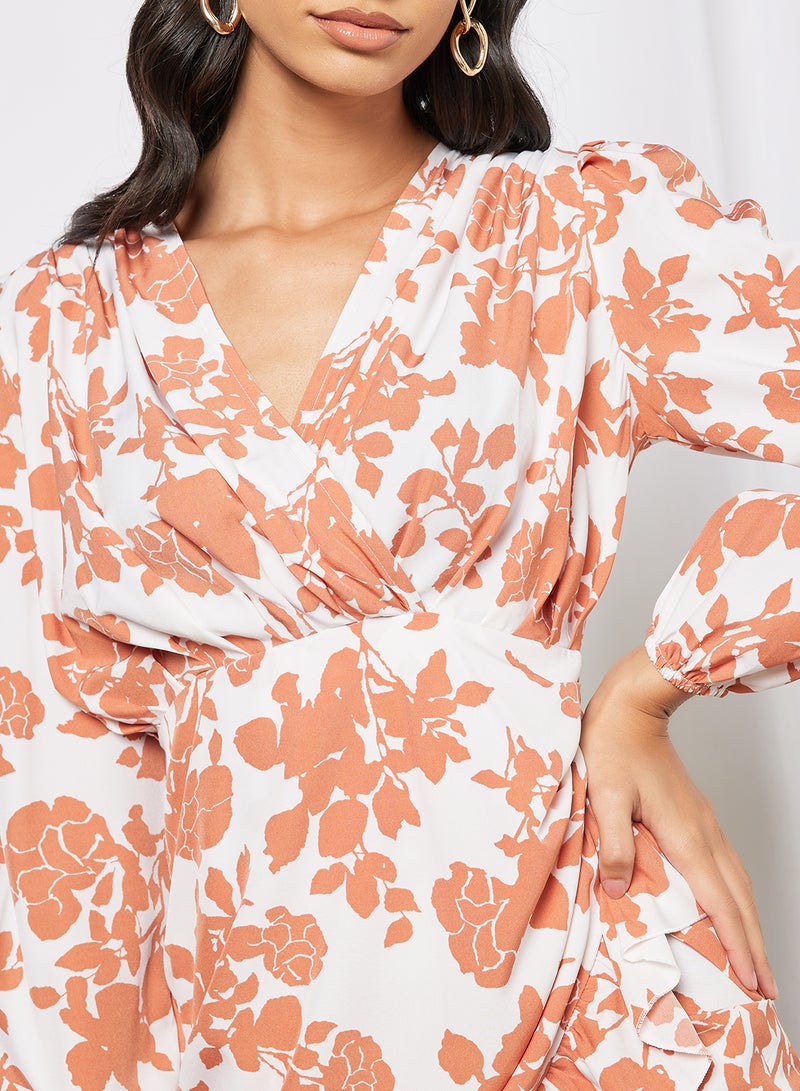 Aila Casual Cross V-Neck Long Sleeve Ruffle Hem Mini Dress Printed Patteren 4 Orange Print  - Image 3