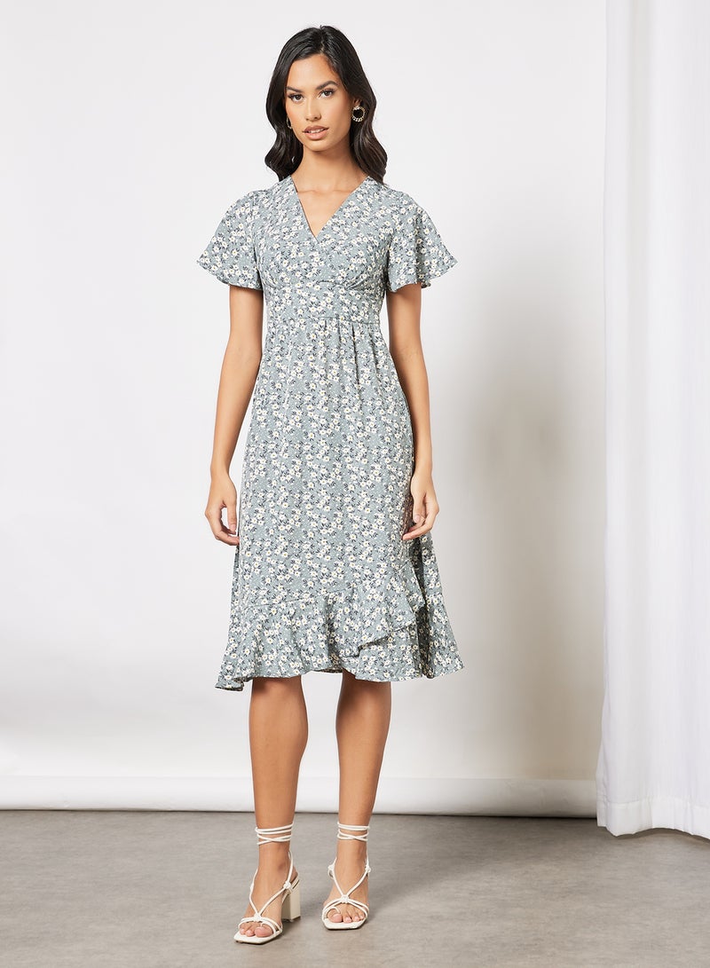 Aila - Casual V-Neck Bell Sleeve Printed Ruffle Hem Knee Length Wrap Dress Grey Print - Image 1