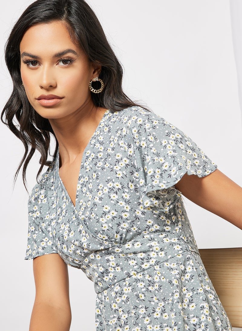 Aila - Casual V-Neck Bell Sleeve Printed Ruffle Hem Knee Length Wrap Dress Grey Print - Image 1
