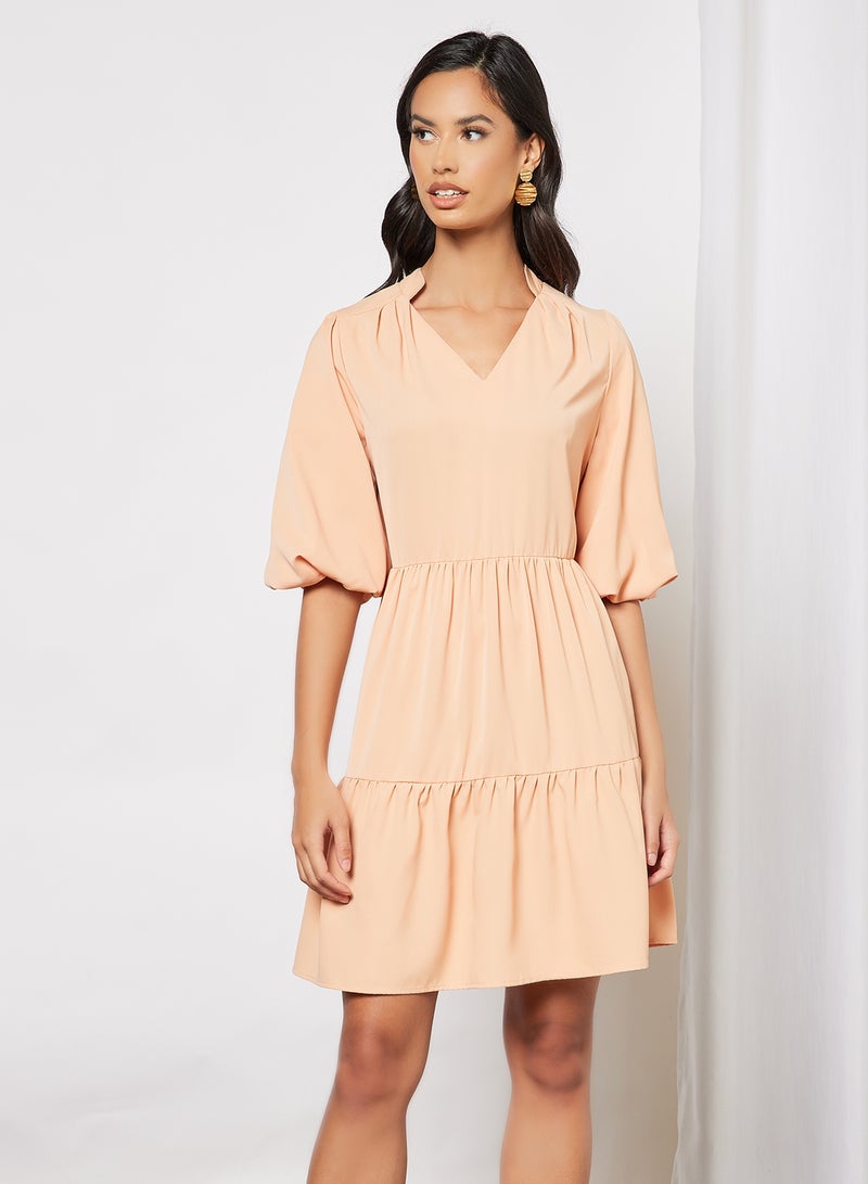 Aila Casual Polyester Blend Puff Short Sleeve Knee Length Tiered A-Line Dress With V-Neck Pearl Blush  - Image 1