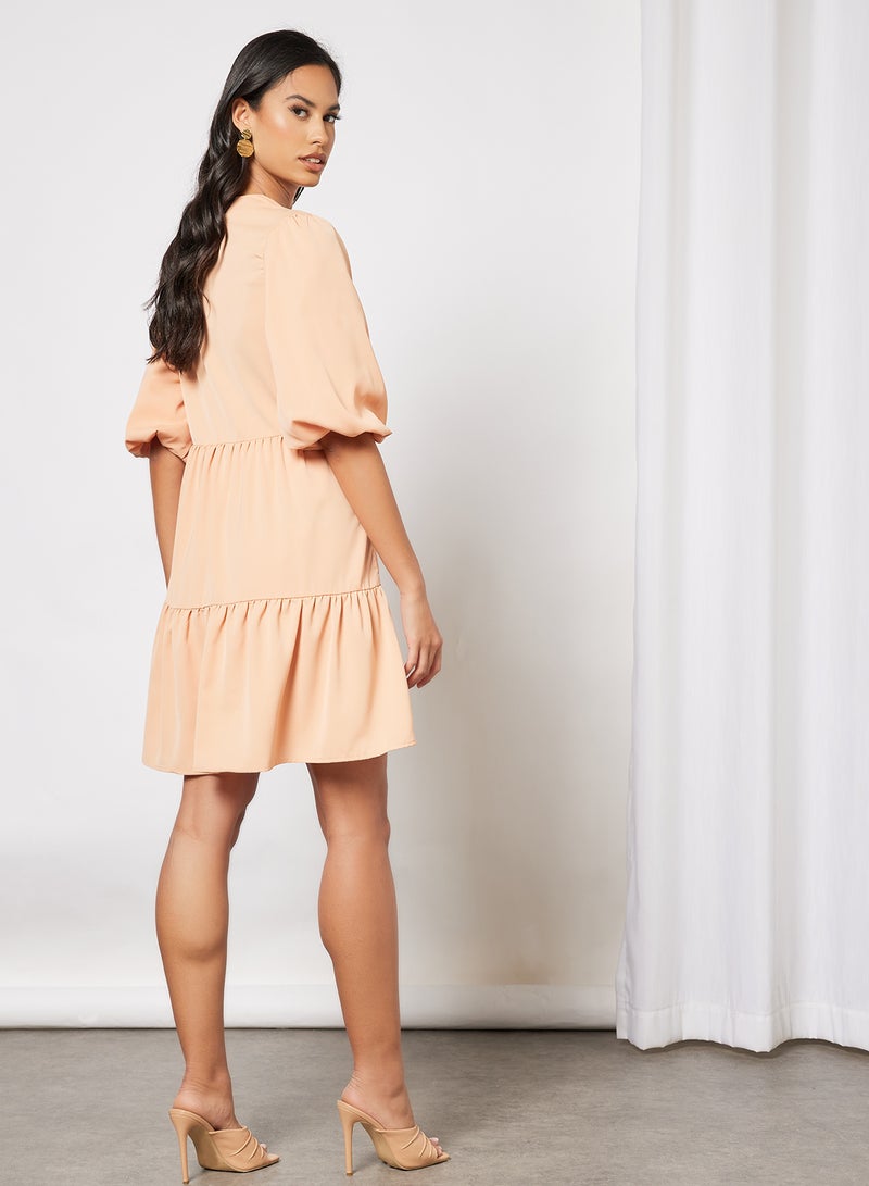 Aila Casual Polyester Blend Puff Short Sleeve Knee Length Tiered A-Line Dress With V-Neck Pearl Blush  - Image 2