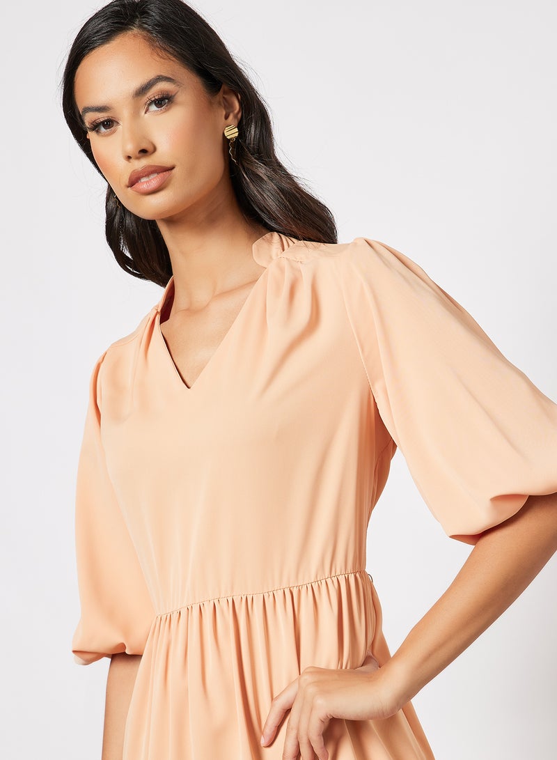 Aila Casual Polyester Blend Puff Short Sleeve Knee Length Tiered A-Line Dress With V-Neck Pearl Blush  - Image 3