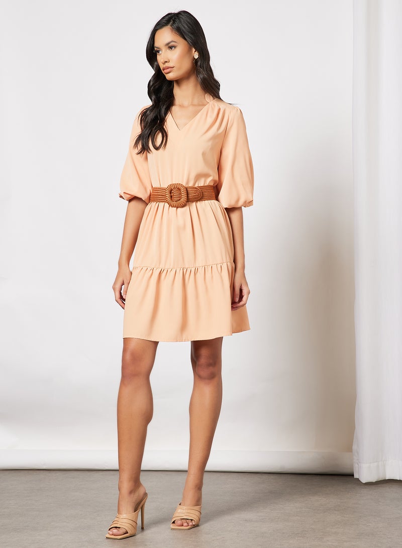 Aila Casual Polyester Blend Puff Short Sleeve Knee Length Tiered A-Line Dress With V-Neck Pearl Blush  - Image 4