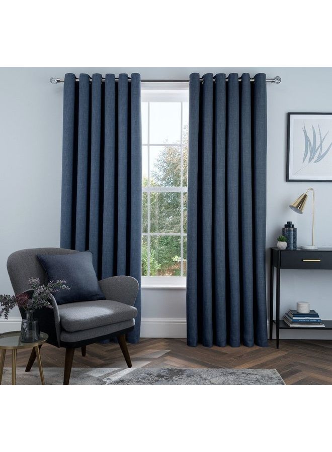 Sleepdown - Set of 2 Thermal Insulated Linen Look Eyelet Blackout Lined Curtains for Bedroom and Living Room Navy 90 x 90inch - Image 1