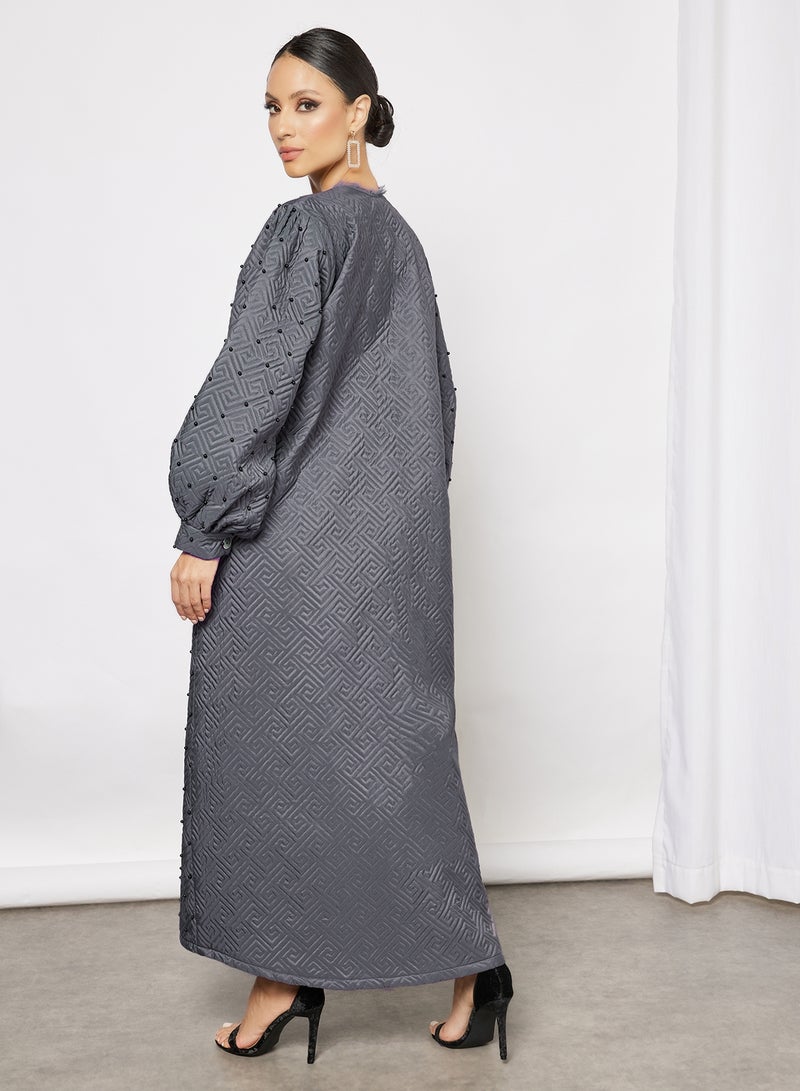 Bousni - Quilted Pearls Embellished Abaya Grey - Image 1