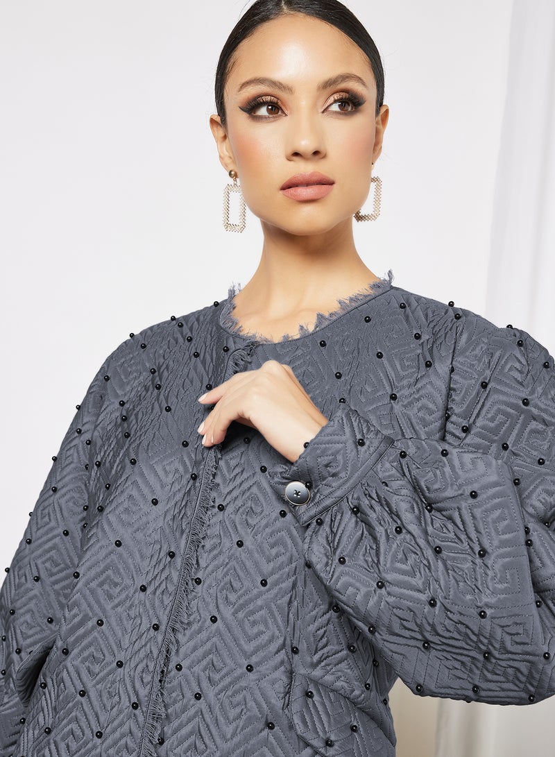 Bousni - Quilted Pearls Embellished Abaya Grey - Image 1