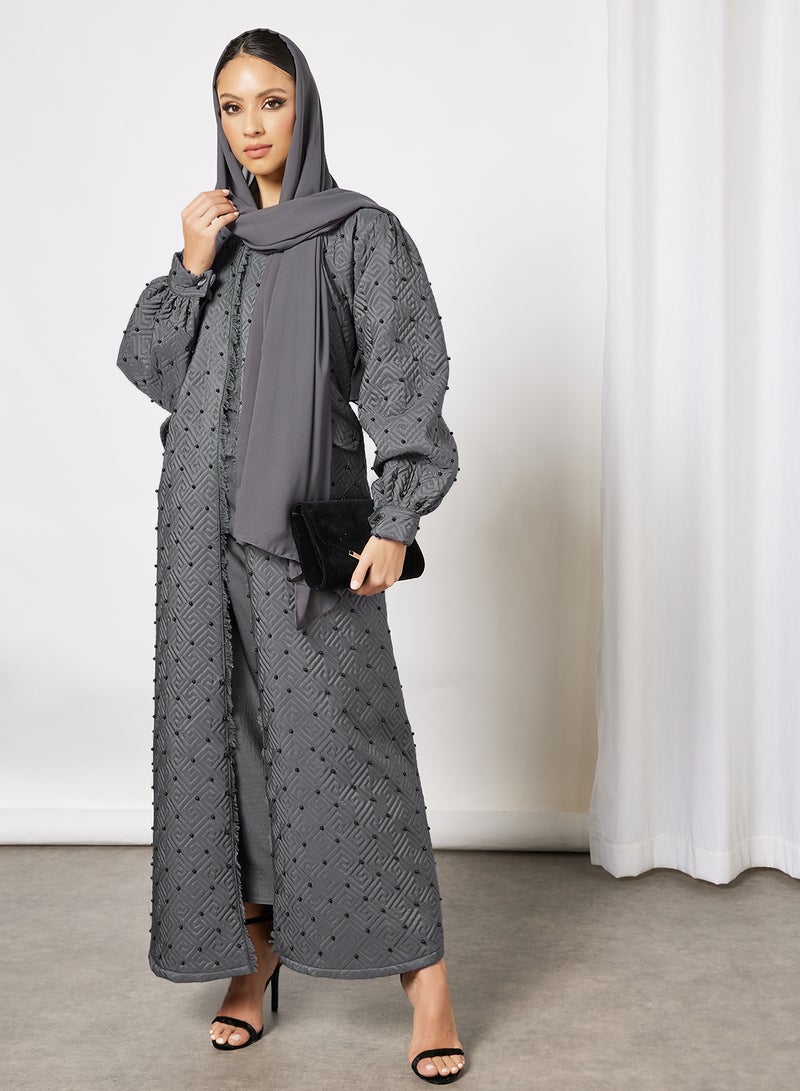 Bousni - Quilted Pearls Embellished Abaya Grey - Image 1
