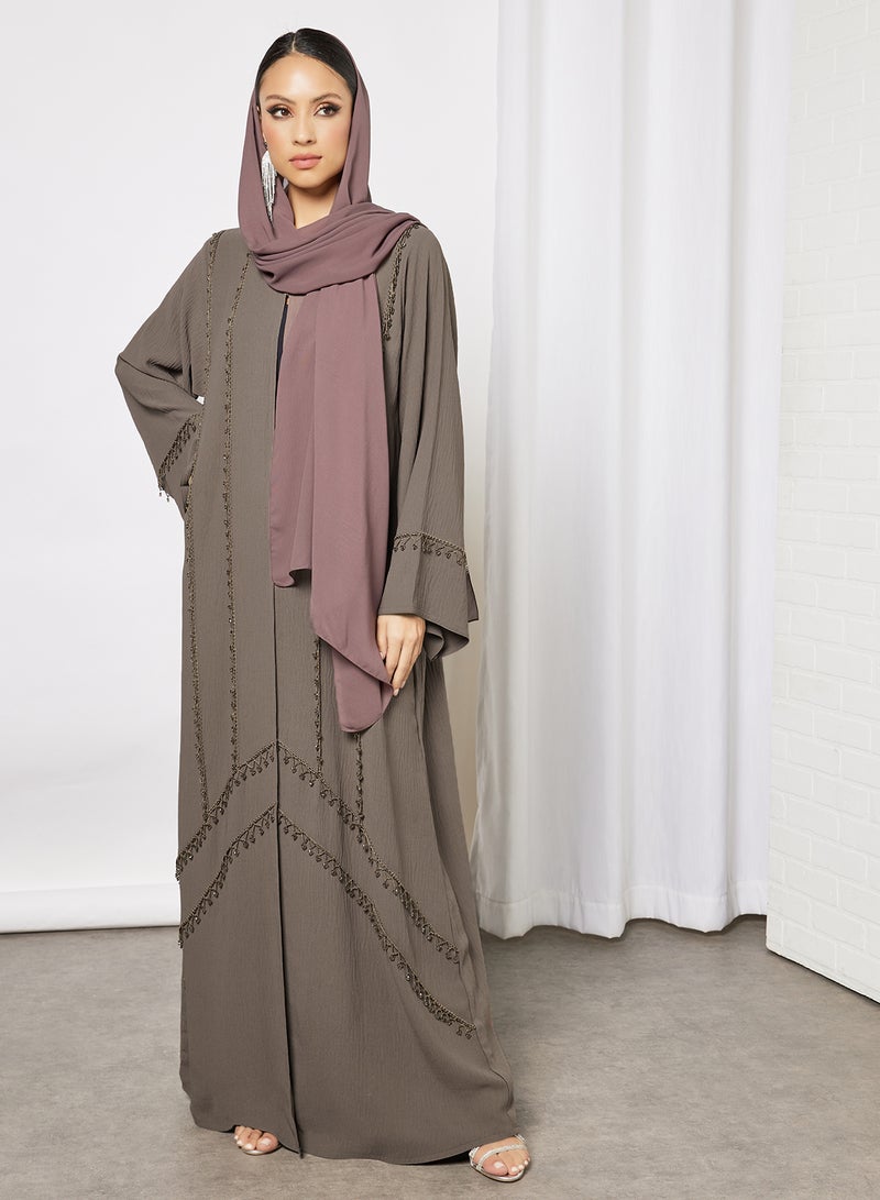 Bousni - Tussels Embellished Abaya Brown - Image 1