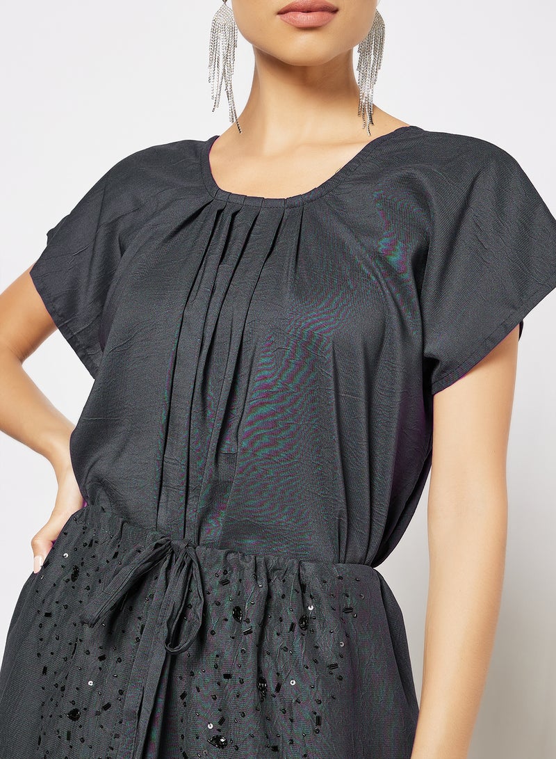 Bousni 3 Pieces Abaya Set Dark Grey - Image 4