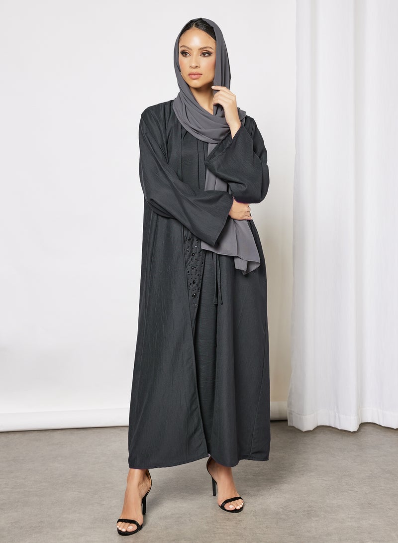 Bousni 3 Pieces Abaya Set Dark Grey - Image 5