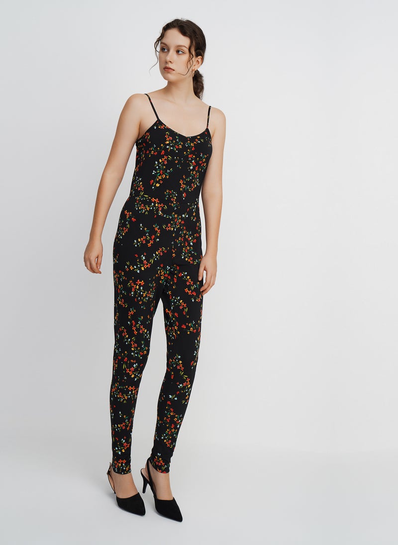 Aila Straps Slim Fit Full Length Jumpsuit With Scoop Neck Floral Printed Pattern Black/Red yellow Floral Print - Image 3