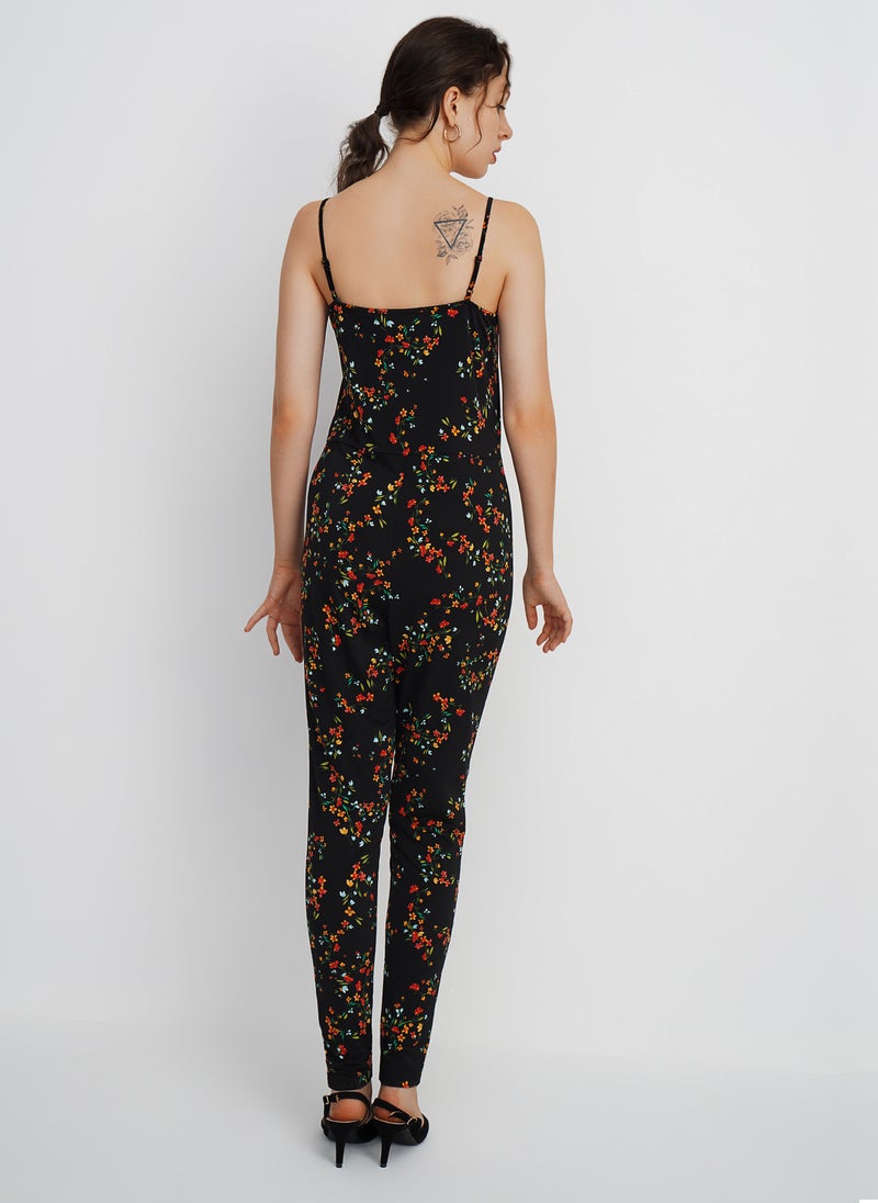 Aila Straps Slim Fit Full Length Jumpsuit With Scoop Neck Floral Printed Pattern Black/Red yellow Floral Print - Image 4