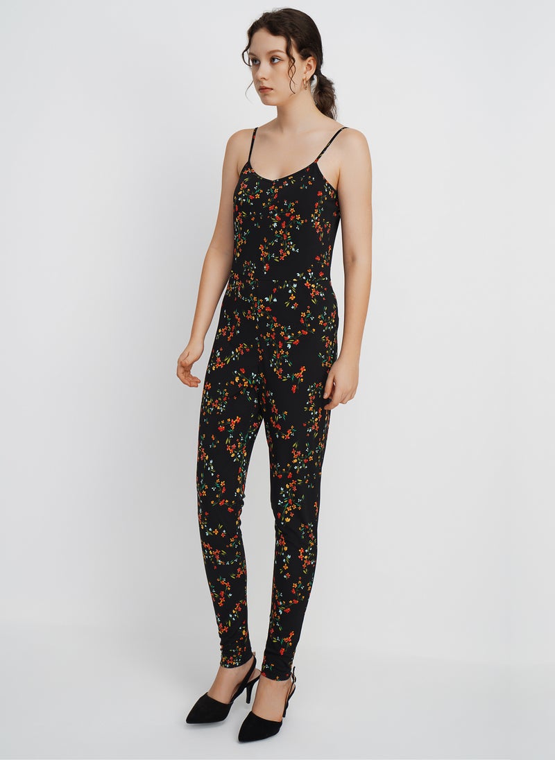 Aila Straps Slim Fit Full Length Jumpsuit With Scoop Neck Floral Printed Pattern Black/Red yellow Floral Print - Image 2