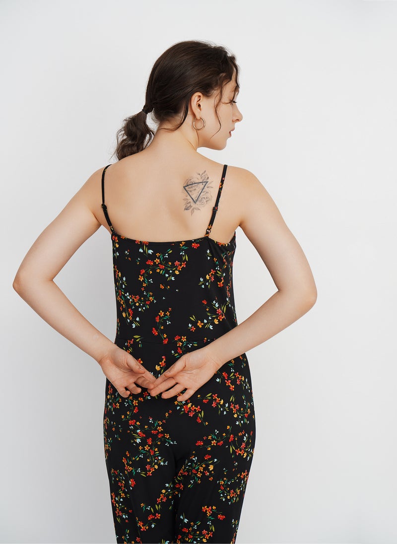 Aila Straps Slim Fit Full Length Jumpsuit With Scoop Neck Floral Printed Pattern Black/Red yellow Floral Print - Image 5