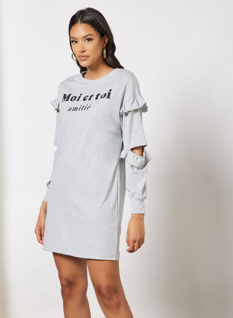 Aila - Casual Round Neck Ruffle Detail Sleeve Sweatshirt Loose Mini Dress Grey - Image 1