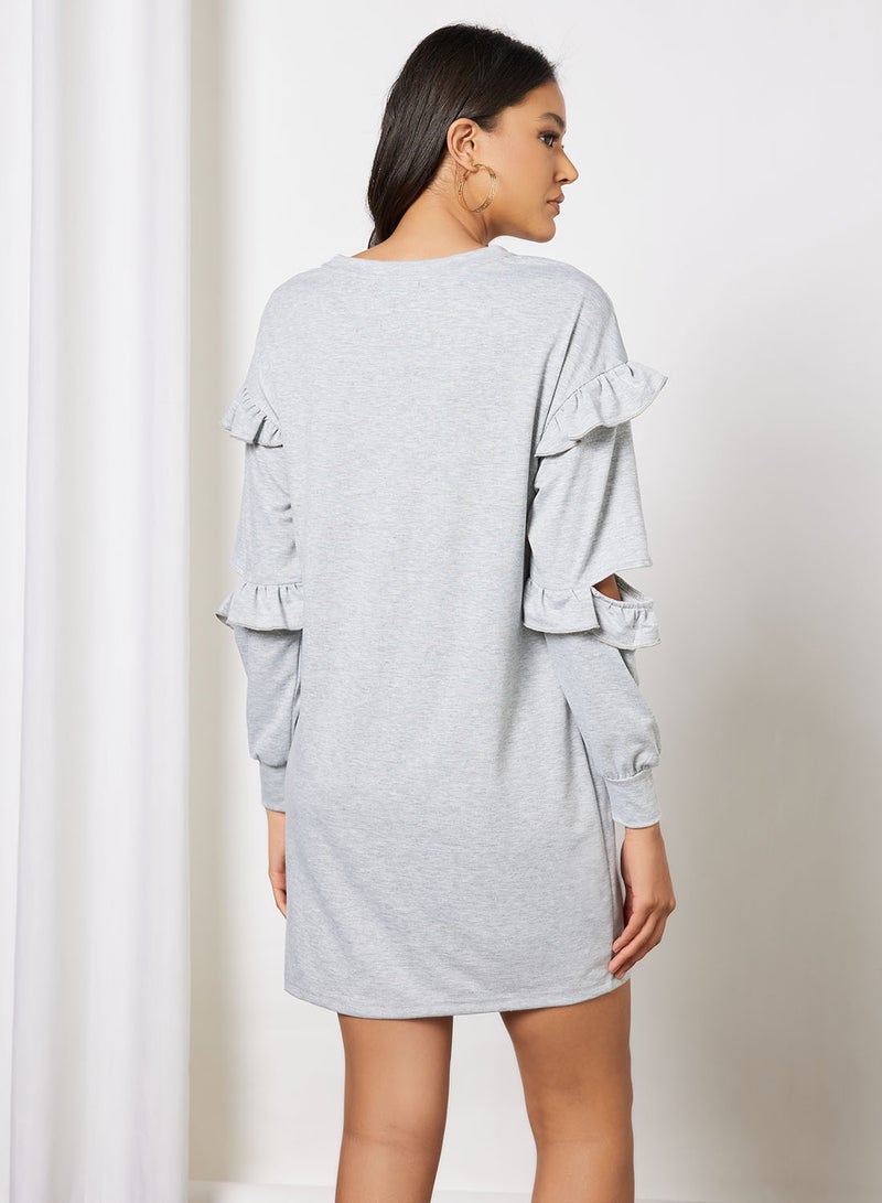 Aila - Casual Round Neck Ruffle Detail Sleeve Sweatshirt Loose Mini Dress Grey - Image 1