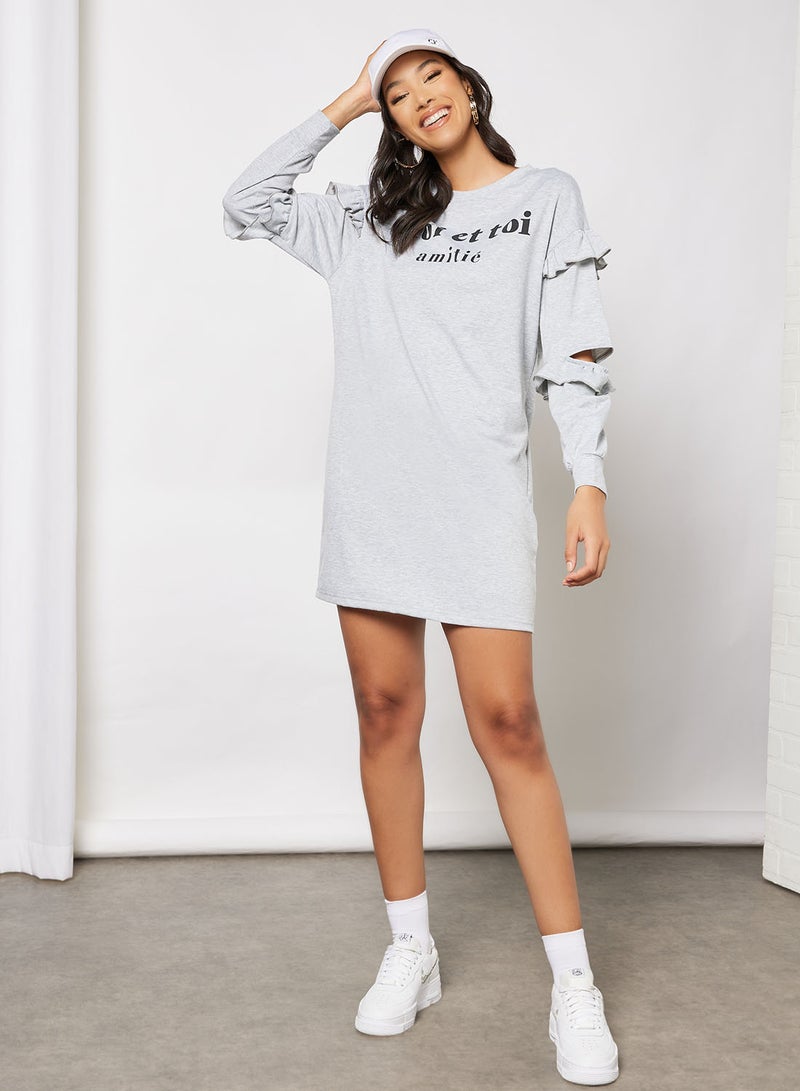 Aila - Casual Round Neck Ruffle Detail Sleeve Sweatshirt Loose Mini Dress Grey - Image 1