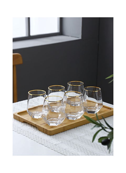 6-Piece Hexagonal Low Glass Water Cup Clear/Gold 9.2x9.3x6.6cm