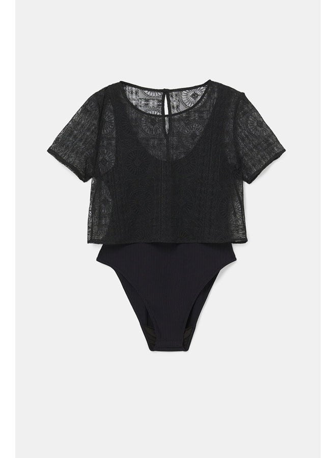 DESIGUAL Casual Plain Basic Short Sleeve Bodysuit Black  - Image 5